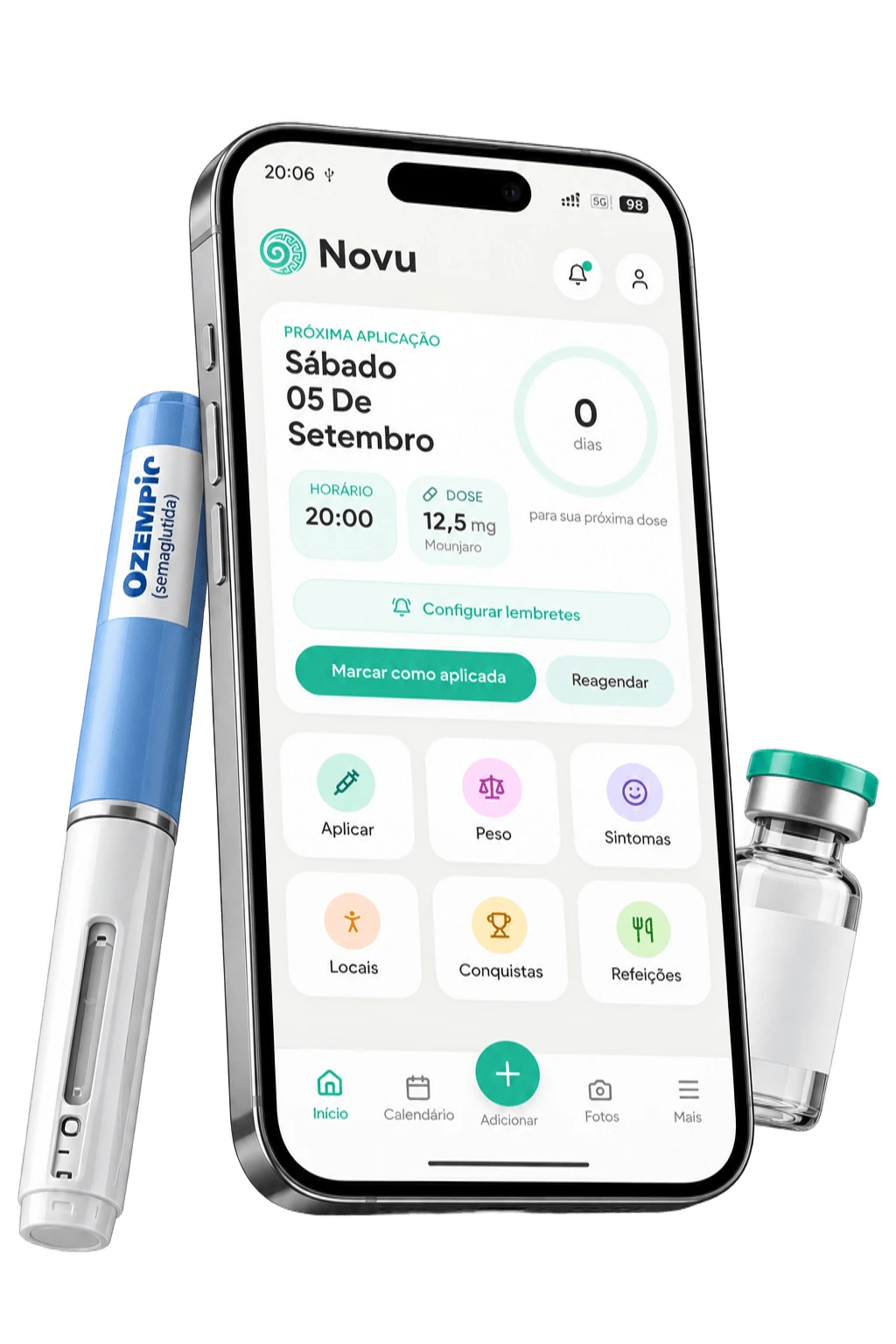 App Novu com a próxima dose, ao lado da caneta e do frasco do medicamento