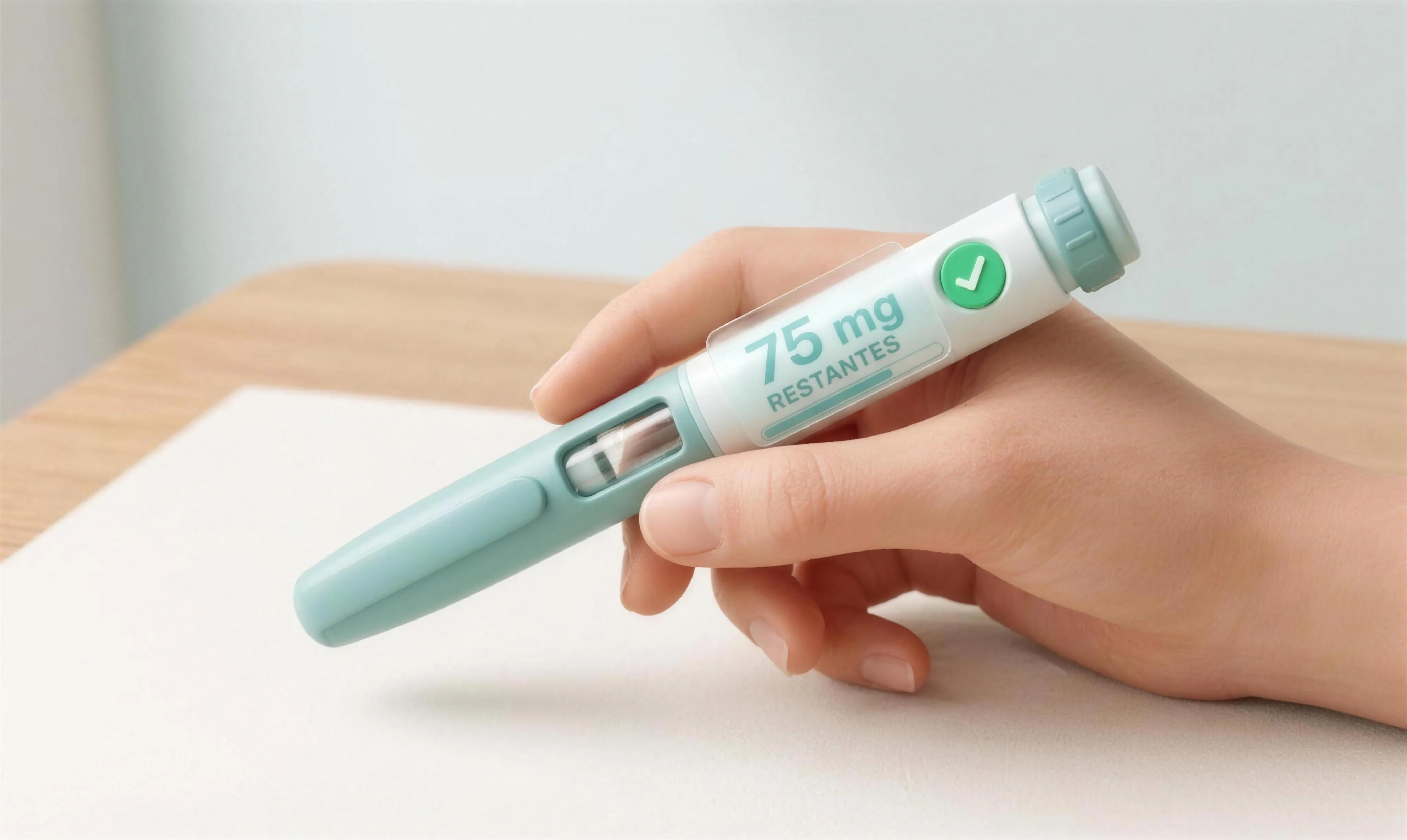Mão segurando uma caneta injetora multidose em tons de verde, com etiqueta mostrando 75 mg restantes